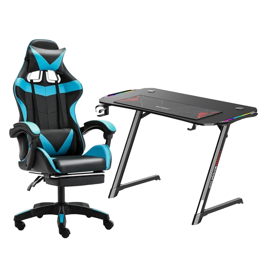 Gaming Chair Blue + Gaming Table Black
