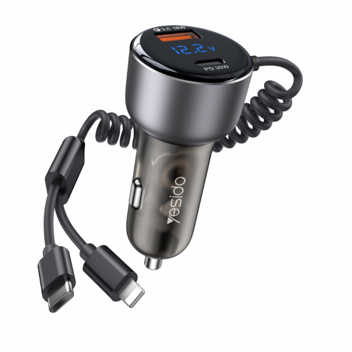 Yesido Car Charger 60W 2 Ports With Built-in CableY58 Black